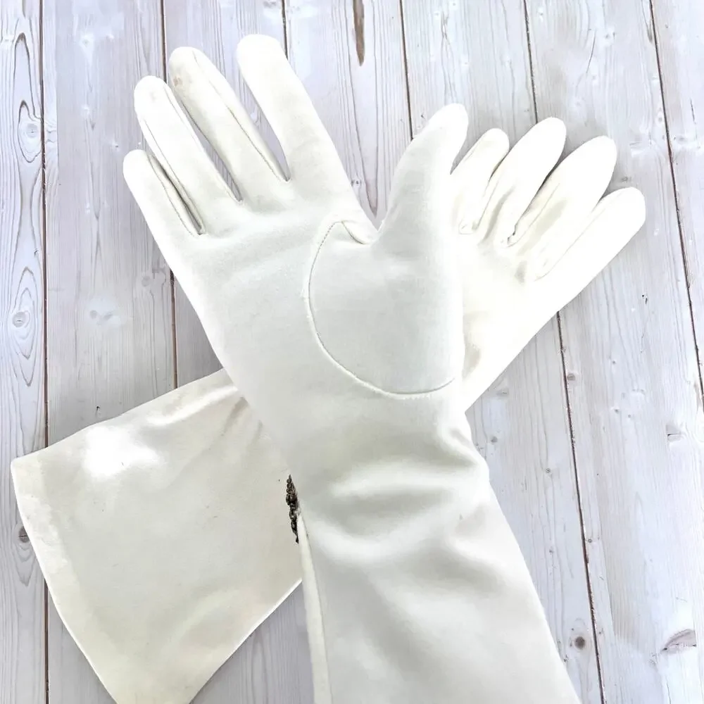Vintage Mid-Length Fabric Gloves Off-White Embellished Wrist Elvette by Dawnelle